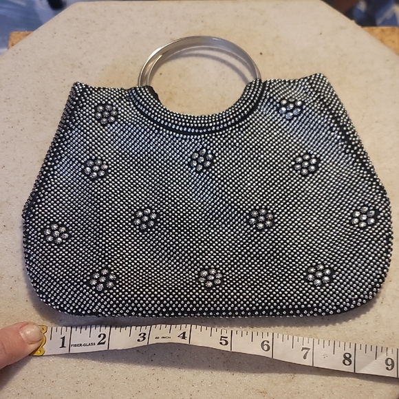 Vintage Elegant Black Silver Beaded clutch Handbag purse evening bag - Picture 1 of 5